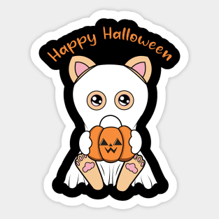 Happy Halloween Cute ghost Cat, Kawaii black cat with pumpkin Sticker